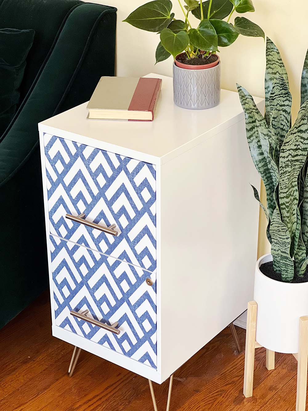 Side view of the cabinet with plants and a book on top.